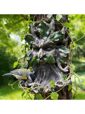 Whimsical Tree Face Outdoor Garden Decor - Wall-Mounted Statue with Leaf Design